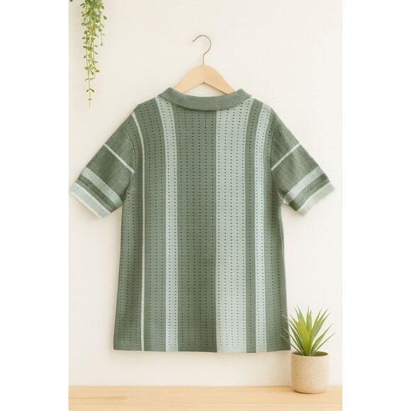 Art of Rhetoric Men’s Green Knit Polo Shirt M Cotton Blend Retro Striped Button - Picture 2 of 10